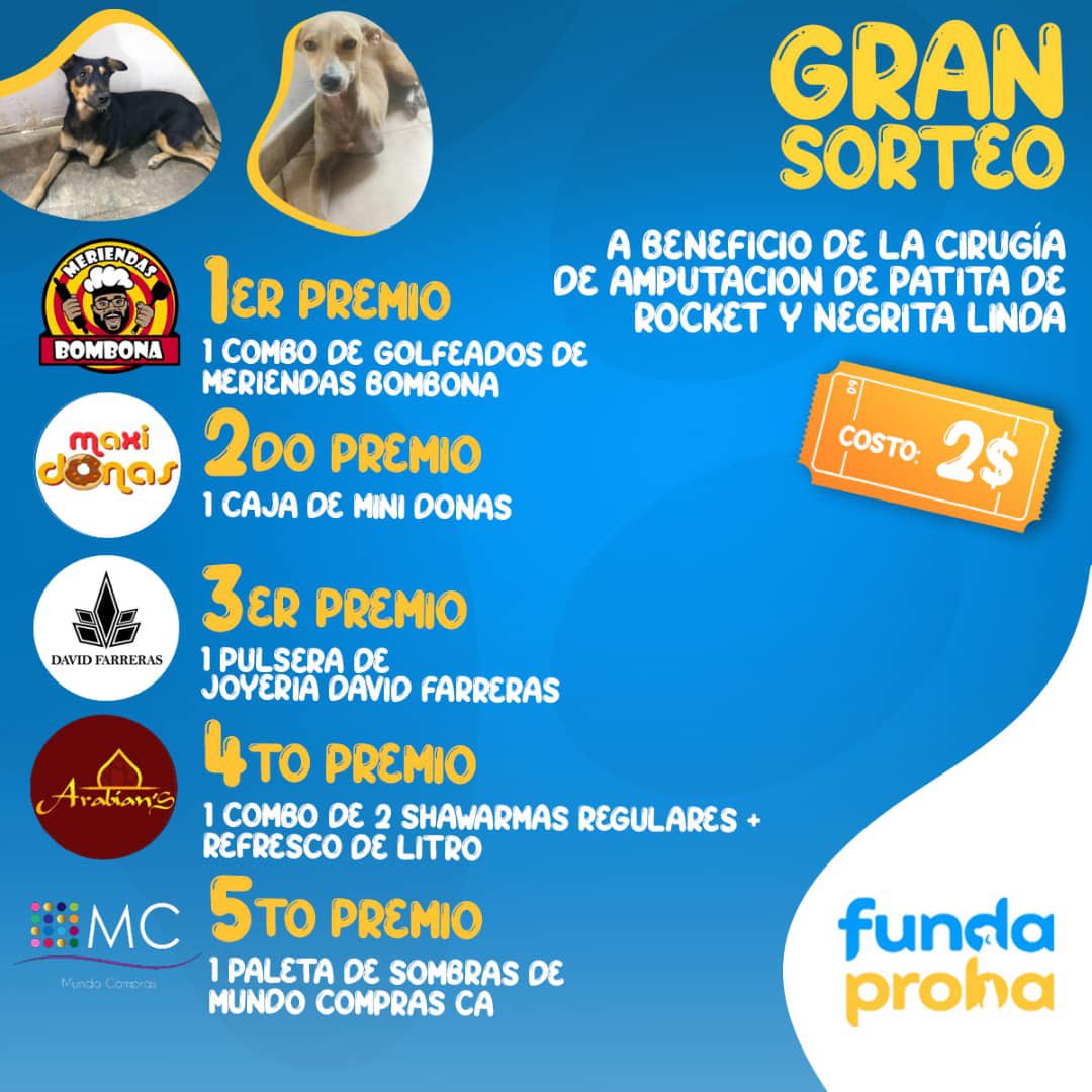fundaproba's tweet photo. ¡GRAN SORTEO! Para contribuir a la cirugía de la patita de Rocket y Negrita Linda🐾.

Participando para 1 de los 5 PREMIOS🥮💍🍩🌯💄.

Costo de 2($) cada número. https://t.co/YaGTMcMIhO