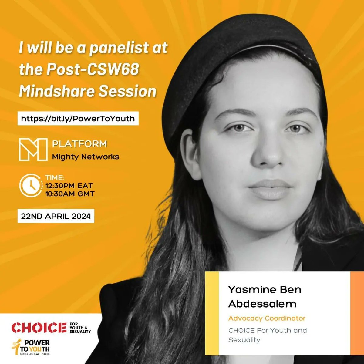 Meet our panelists - dynamic young changemakers fresh from #CSW68!

Join us for an exciting virtual hangout on Monday, April 22nd where these changemakers will engage in a vibrant mindshare session. 

Venue: bit.ly/PowerToYouth

<a href="/CHOICEforYouth/">CHOICE for Youth & Sexuality</a>
@Fenna_timsi
@Chevs_org
