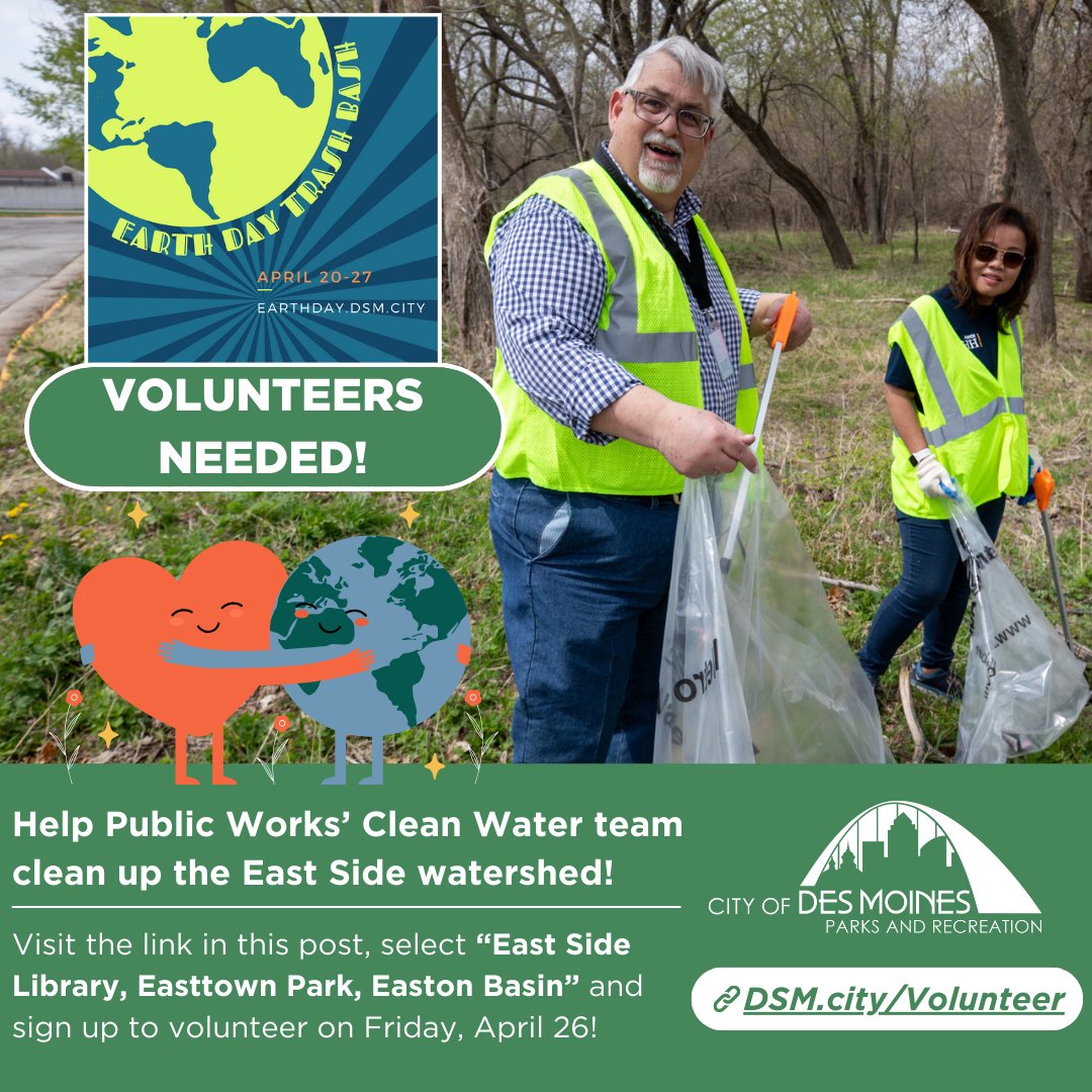🌎 VOLUNTEERS NEEDED 🌎 Join our Clean Water Program staff by volunteering for @DesMoinesParks Trash Bash! We need volunteers to help pick up litter from the East Side Library, through Easttown Park, and into Easton Basin! Learn more & sign up at …creationdepartment.volunteerlocal.com/volunteer/?id=…