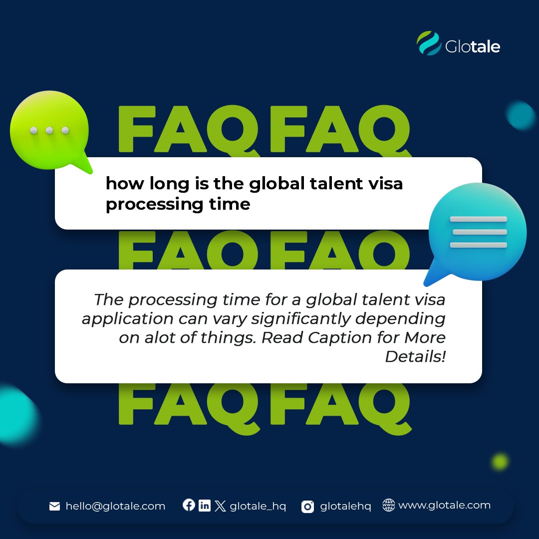 Global talent visa processing times vary:

Here are some general guidelines:

🇬🇧 UK: 3-8 weeks 
🇦🇺 Australia: Few months 
🇨🇦 Canada: Generally faster than other streams 
Other countries : May  vary for other countries based on specific requirements.
#globaltalent