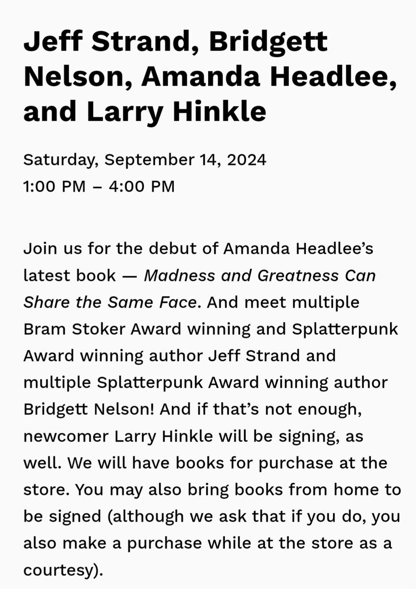 I AM A SOMEBODY! APPEARING WITH EVEN MORE SOMEBODIES!!! Vortex Books & Comics in Columbia, PA, 9-14-24, 1-4pm. W/ @JeffStrand , @bnelsonauthor , and @amandaheadlee , with special thx to @BrianKeene & @marysangiovanni !