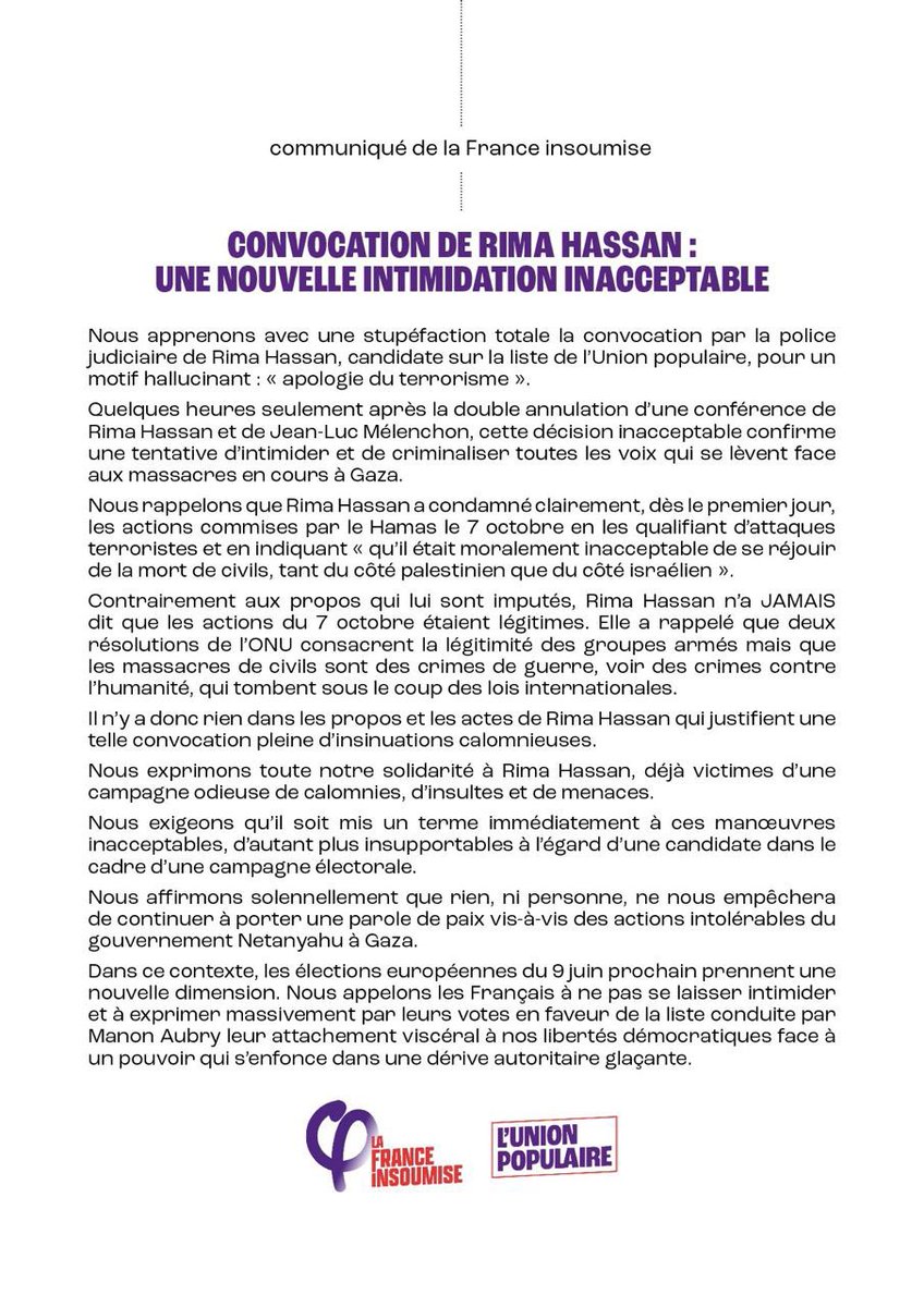 Hier interdiction d'une réunion publique de @RimaHas et @JLMelenchon. Aujourd'hui convocation par la police de @RimaHas alors qu'elle a condamné dès les premiers jours l'attaque du 7 octobre en la qualifiant de terroriste. Et demain ? Stop aux intimidations. Notre réaction👇