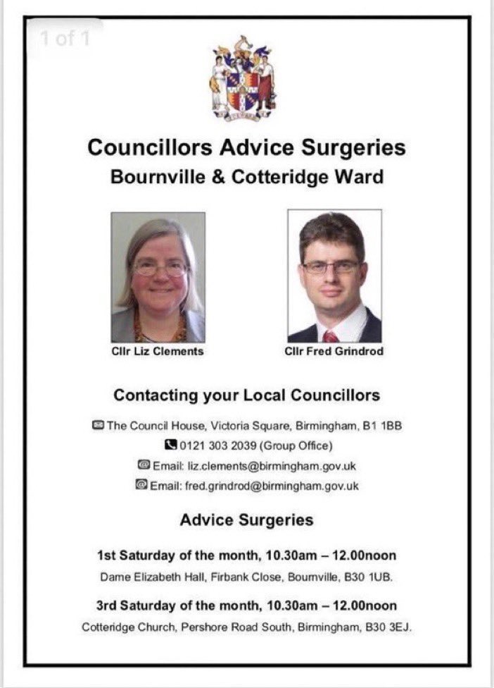 This Saturday @LizClements and I will be holding our next #Advice #Surgery at @CotteridgeChurc Pershore Road South, Cotteridge from 10:30 - if you need help or support with council services or any other issues - do come along! #Bournville #Cotteridge