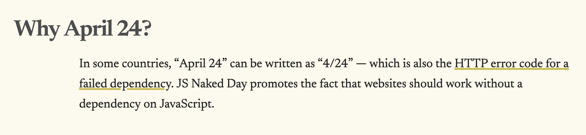 Haha! Apparently, some people celebrate a new 'web day' — JS Naked Day. It's 4/24 and this is heck smart. 😂 👇 js-naked-day.org