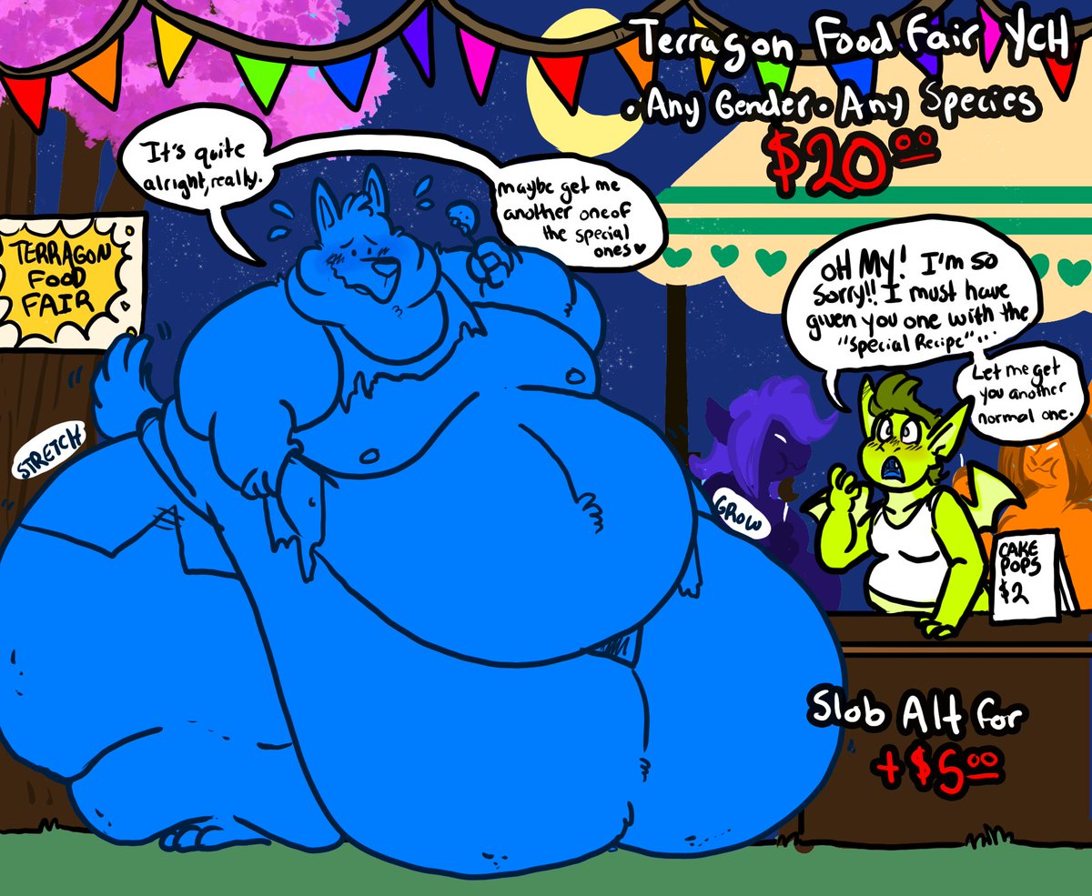 Hey! I'm back and YCH time~ You attend the Terragon food fair and accidentally end up sampling some of their more 'spicy' dishes. Any gender, any species, and you can get a slob alt(Gas, Sweat, food mess whatever you want) for a fiver! <3 RTs super apricated~ DM me for a slot