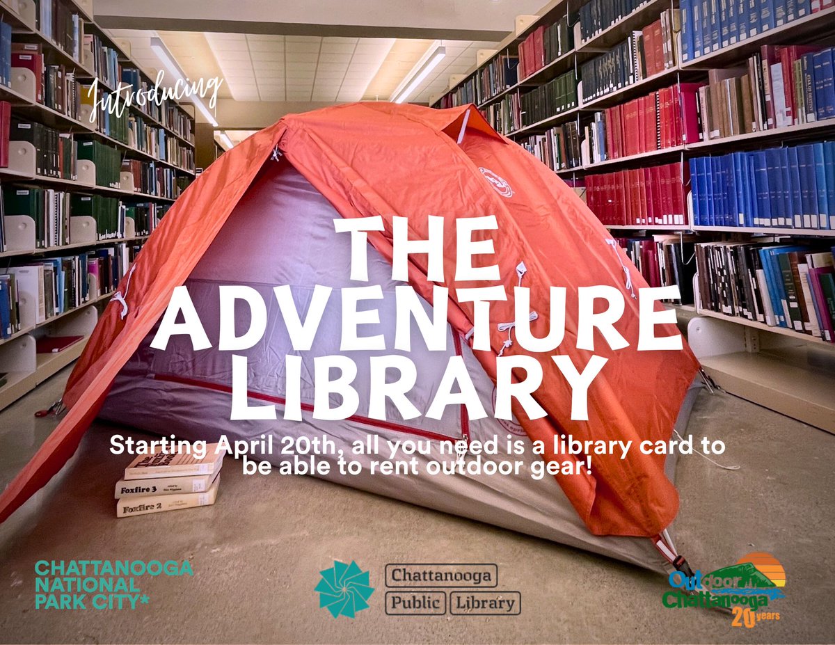 Get ready to explore with the Adventure Library! 🏕️ Starting April 20th, check out camping gear for free with your Chattanooga Public Library card! Stop by the Downtown branch on the 20th, 1-4PM to see the collection debut during Earth Day Adventures, a special library event!📚