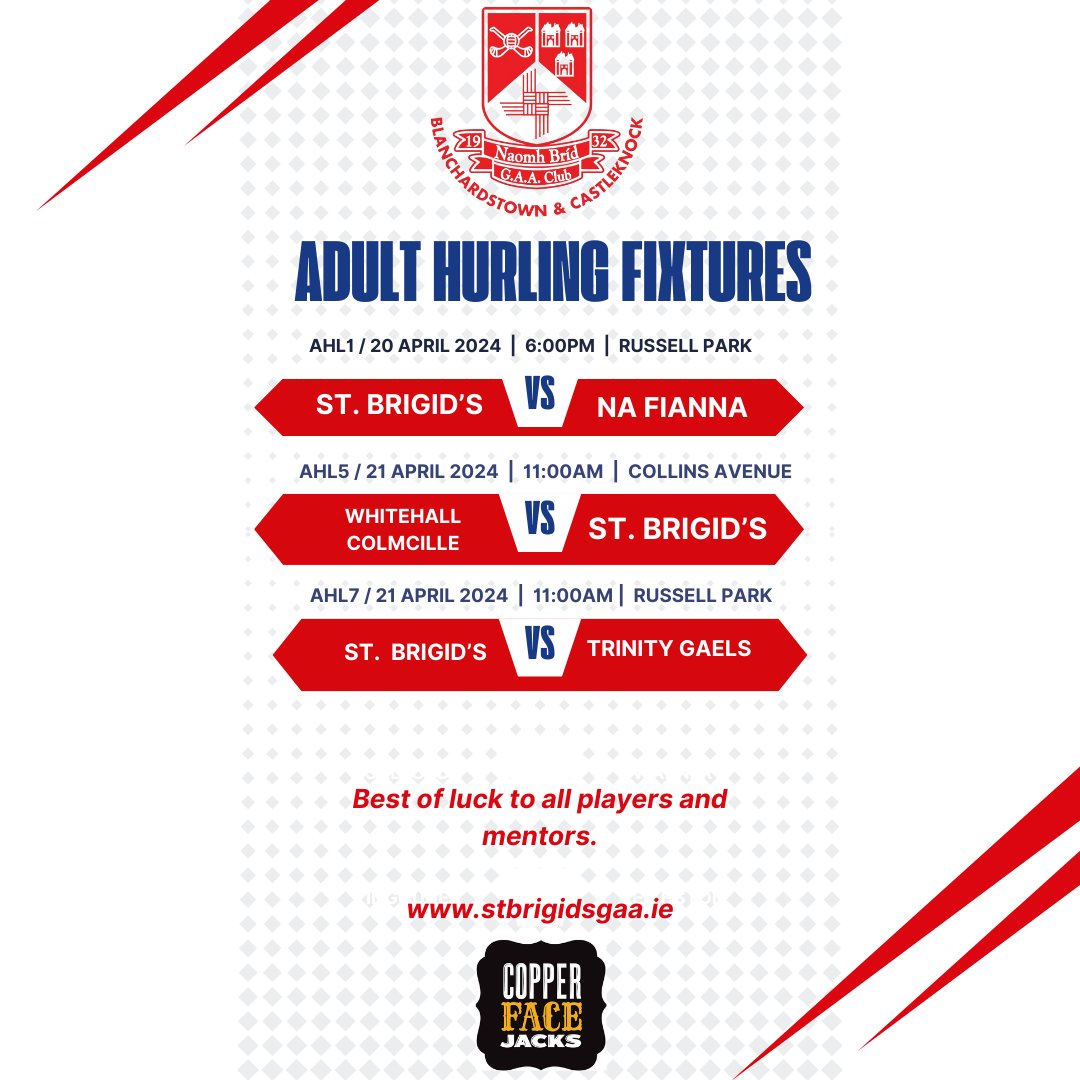 Adult Hurling League Fixtures this weekend. All support for the lads at home and away welcomed.

#Blanchardstown #Castleknock #Dublin15 #ClubIsFamily