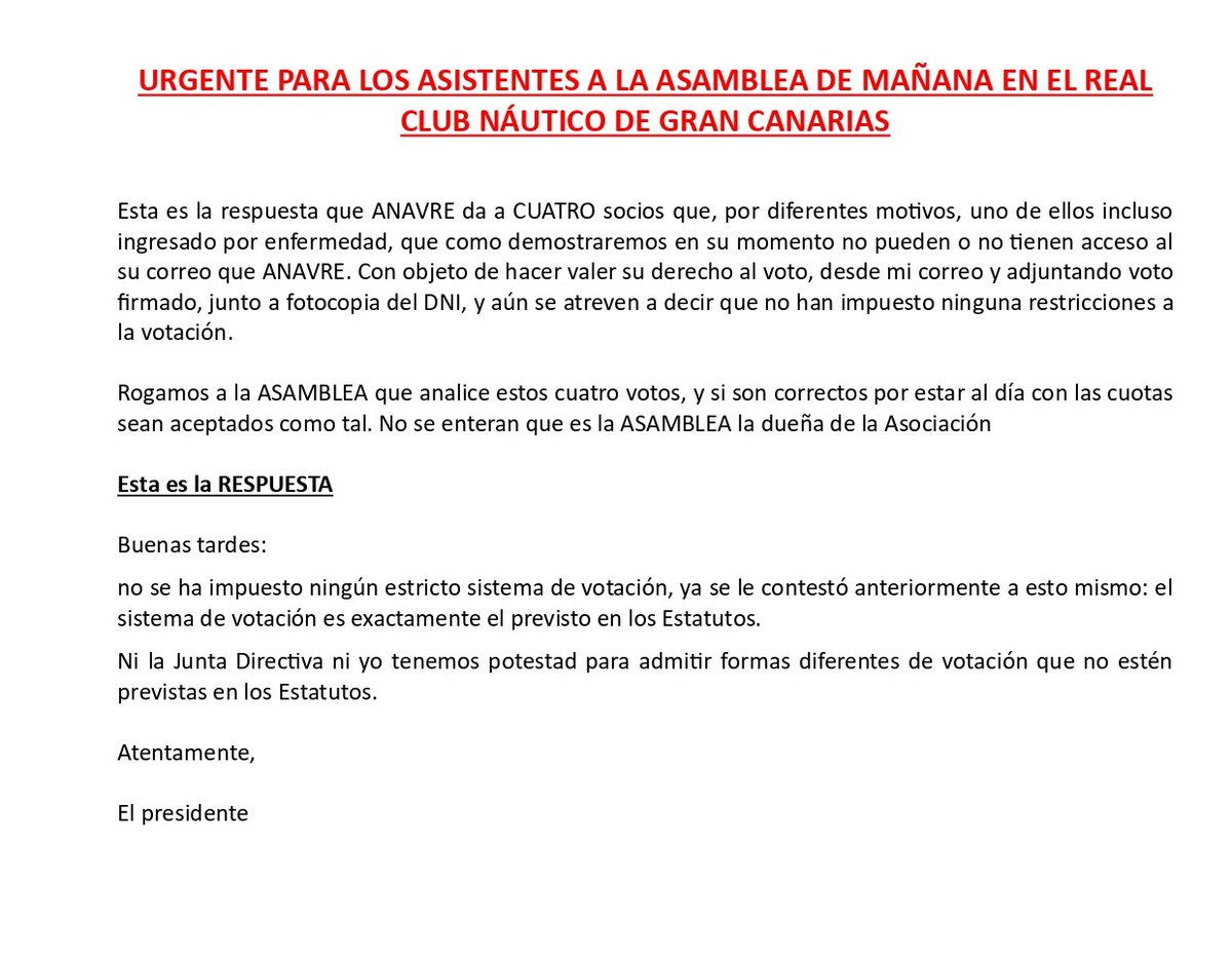 Este es el respeto de la actual Junta directiva de <a href="/AnavreAsoc/">Asociacion de Navegantes de Recreo - ANAVRE</a> hacia sus socios. Rogamos a los asistentes mañana a la AGO que se celebrará en el <a href="/RCNGC/">rcngc</a> pidan explicaciones el porque se le deniega el voto a estos socios