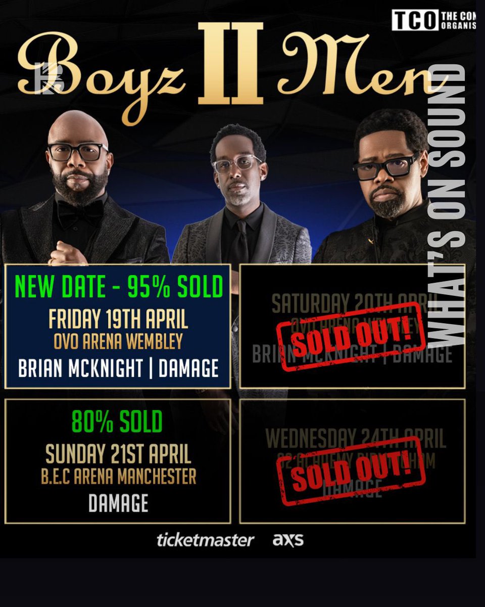 Boyz II Men UK Tour Tickets Still Available Boyz II Men will be performing at OVO Arena on Friday 19 & 20th April 2024 as part of their tour, and are scheduled to play 30 concerts across 4 countries in 2024-2025. An iconic band, Boyz II Men redefined RnB. #BoysIIMen