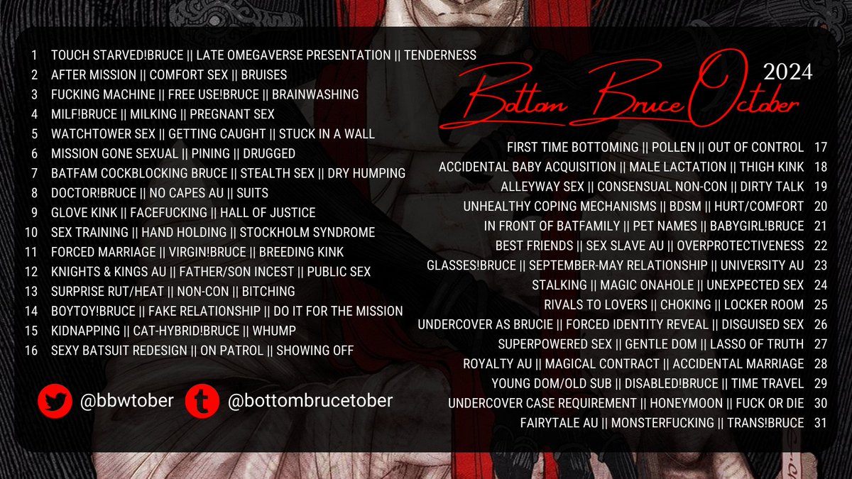 bbwtober's tweet photo. 🦇The final prompts have arrived, and so did the ship bingos! Note that ship bingos are purely optional, your works only need to fulfill one of the main prompts, not the bingo ones!

Link to the text version of the prompts and bingos is in the comments!👇

#bbwtober2024 https://t.co/cjJQdlTnWo