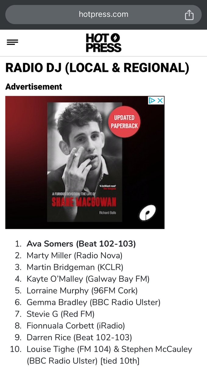 Nice little surprise of a Friday afternoon!
Congrats to all the winners and nominees. Always an honour to be mentioned on lists like these, so thanks to all who voted! It’s appreciated 📻❤️

@hotpress #hotties #radiopresenter