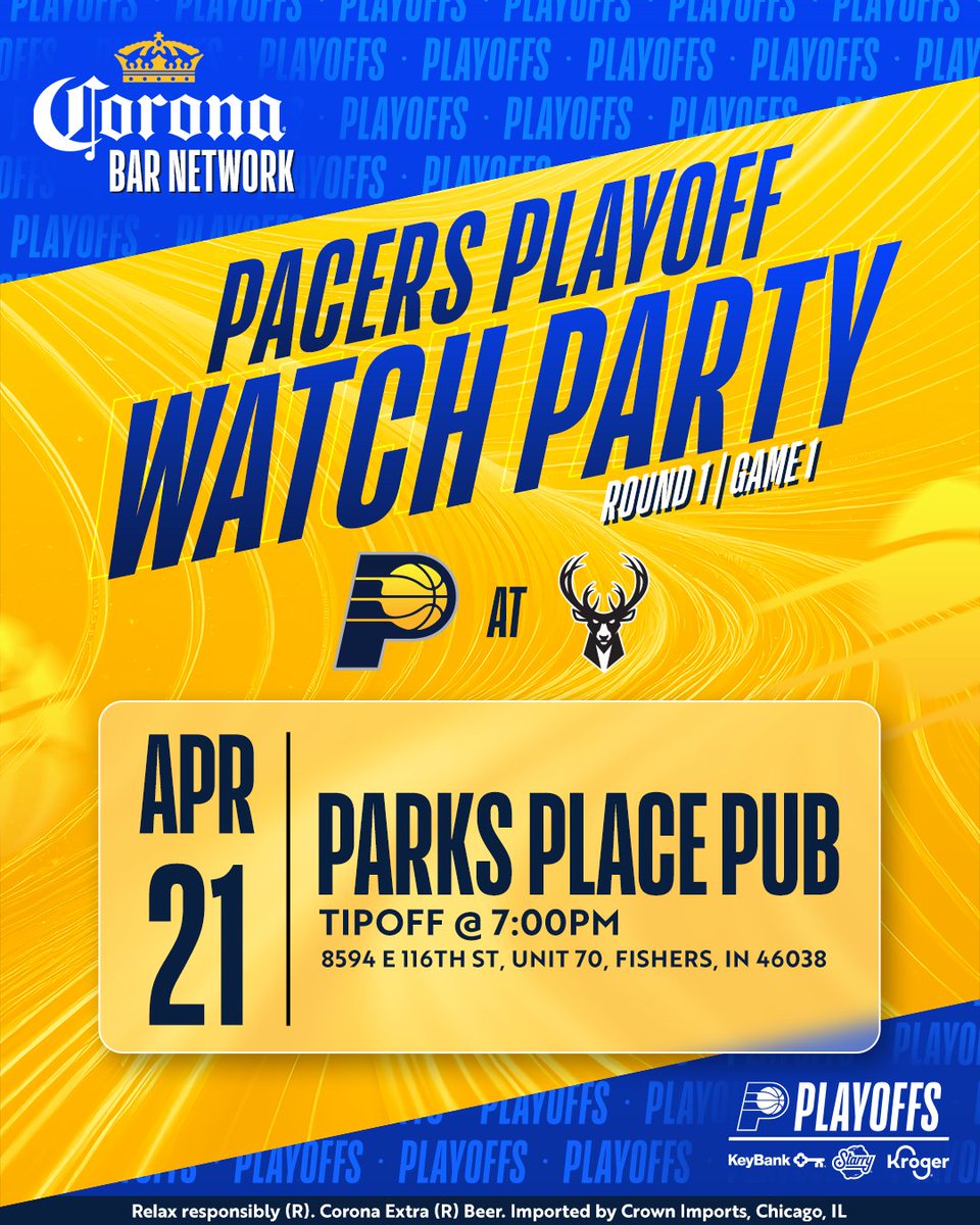 it’s time for the playoffs 🗣️ head to Parks Place Pub in Fishers for a @corona Bar Network Watch Party on Sunday to cheer us on against the Bucks in Game 1. learn more & find a bar near you: Pacers.com/Corona