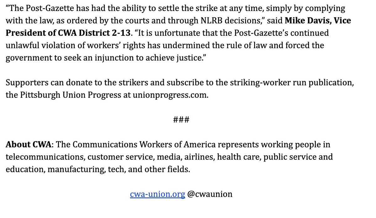 We are thrilled that the NLRB announced it’s seeking an injunction against the @postgazette. The PG could've avoided this by simply agreeing to dignified terms with us & our striking union siblings @cwaunion & PPPWU at any point in the last 18 months.. pghguild.com/2024/04/19/lab…