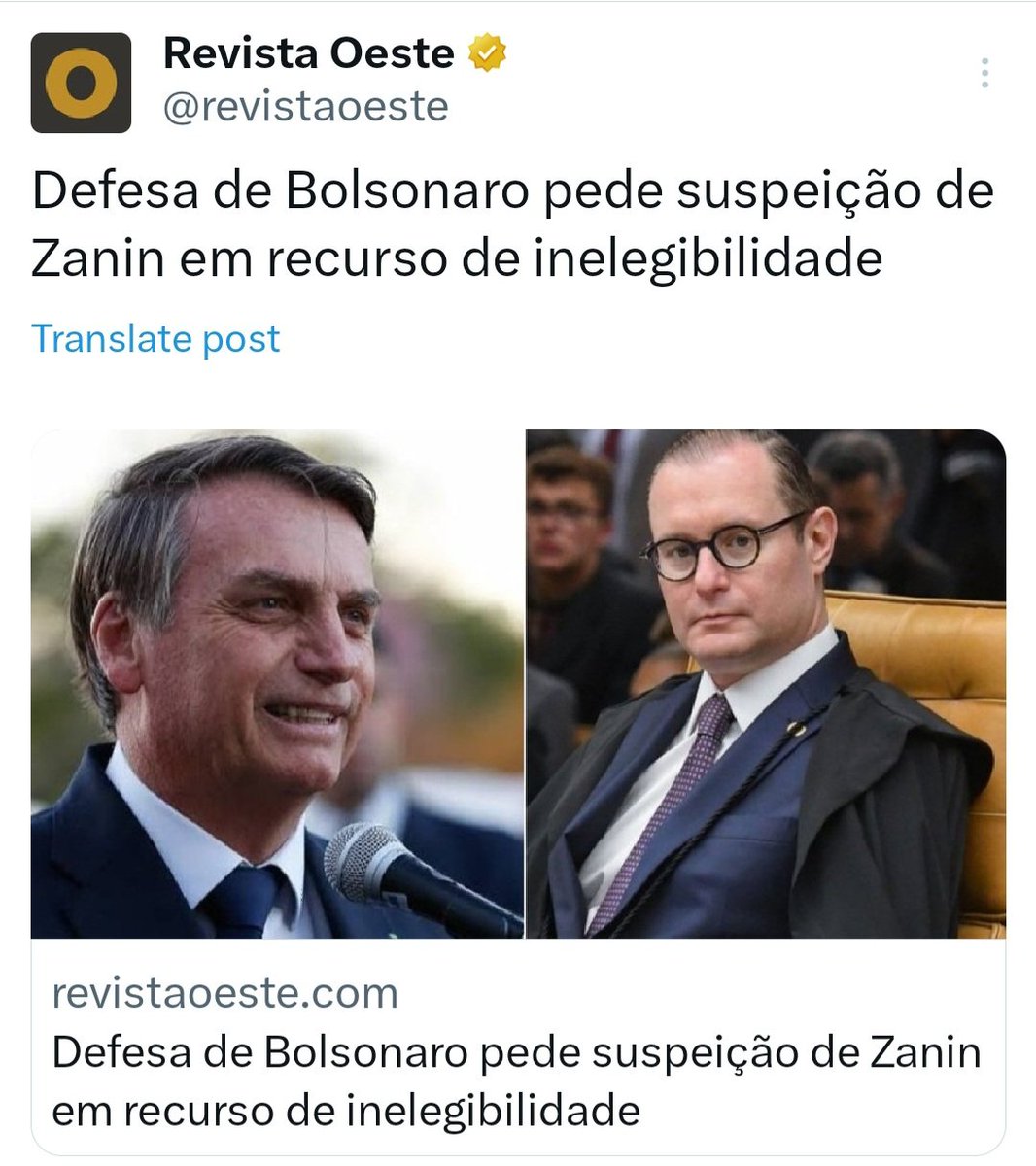 Breaking 🚨 🇧🇷 
'The STF judge Zanin, who is presiding over the case against Jair Bolsonaro, is a friend of Lula and also served as his former lawyer. They share an intimate and longstanding friendship.'

It is Bolsonaro's right to request that Judge Zanin recuse himself from