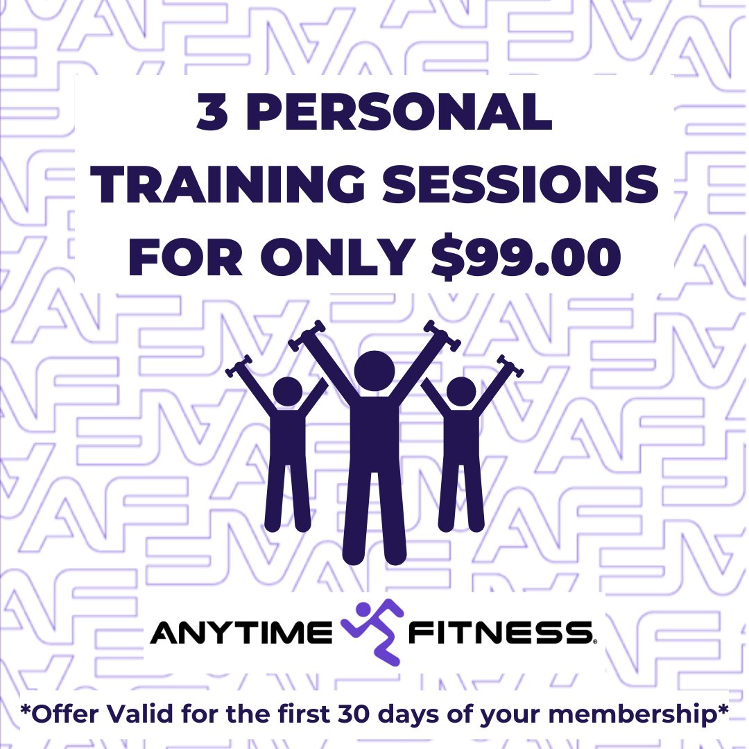 AFDeerRidge's tweet photo. Are you new to the gym? Why not get 3 1:1 Personal Training session for $99! This is the perfect way to kickstart your fitness journey with us 💪 Offer valid for the first 30 days of your membership. Don't miss out!

#anytimefitness #afchaparral #afdeerridge #afokotoks... https://t.co/kjRXSfd2zE