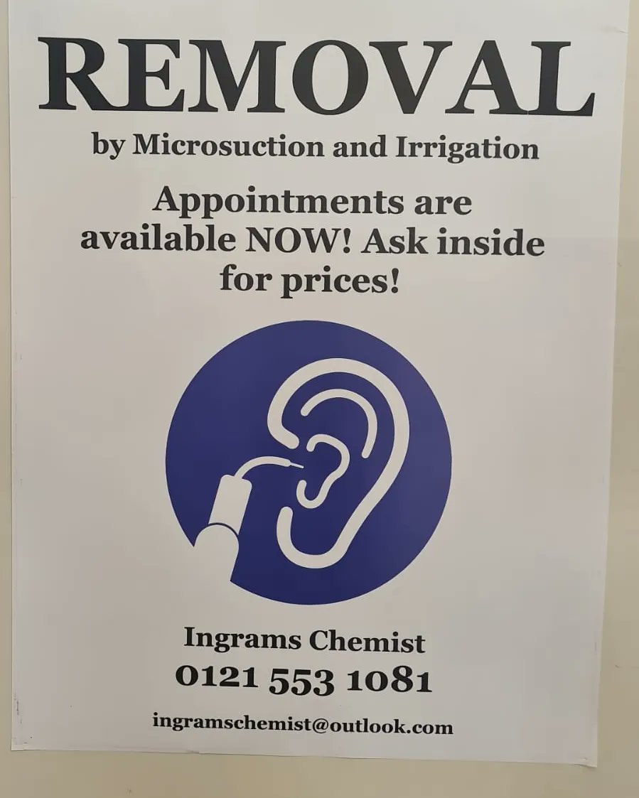 Ingram's Chemist located on 351 High Street, West Bromwich B70 9QG are offering various health services. Covid vaccinations will be available from 22nd April 2024. Also they are offering Ear Wax Removal. Please book an appointment on 0121 553 1081