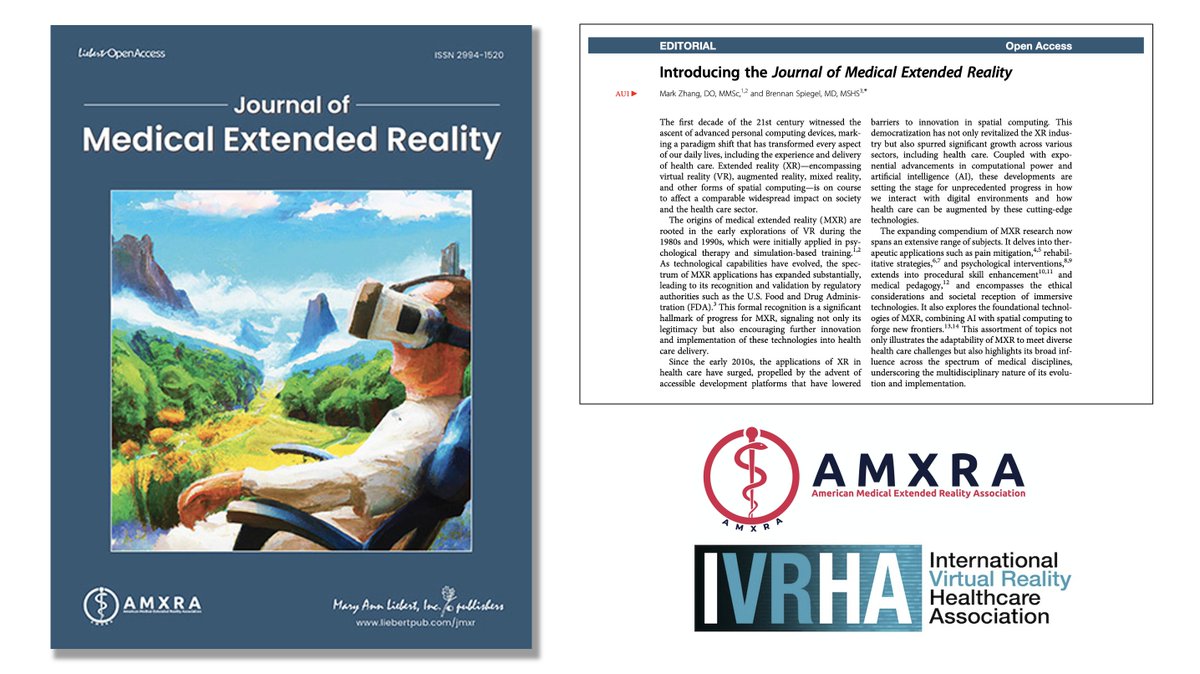 Thanks to the #AMXRA, #IVRHA, and @LiebertPub for their vision last year to publish and launch the Journal of Medical Extended Reality, which now has a new handle: twitter.com/JMedXR. First guideline in the new journal can be found on PubMed, here: pubmed.ncbi.nlm.nih.gov/38505474/