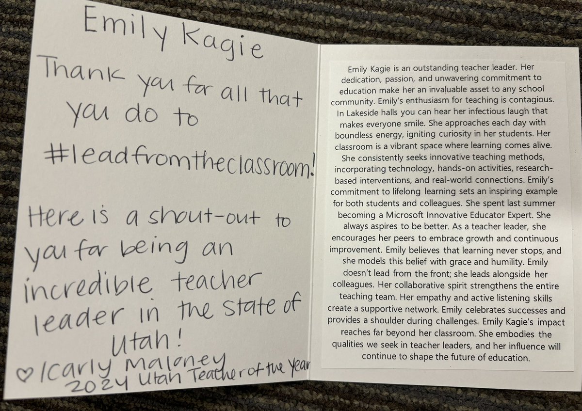 This week’s #leadfromtheclassroom teacher is Ms. Emily Kagie! Your nomination is beautiful and speaks volumes to the teacher leader you are in your building, district, and in the state of Utah! It was so fun visiting your classroom and students! Thank you so much for all you do!