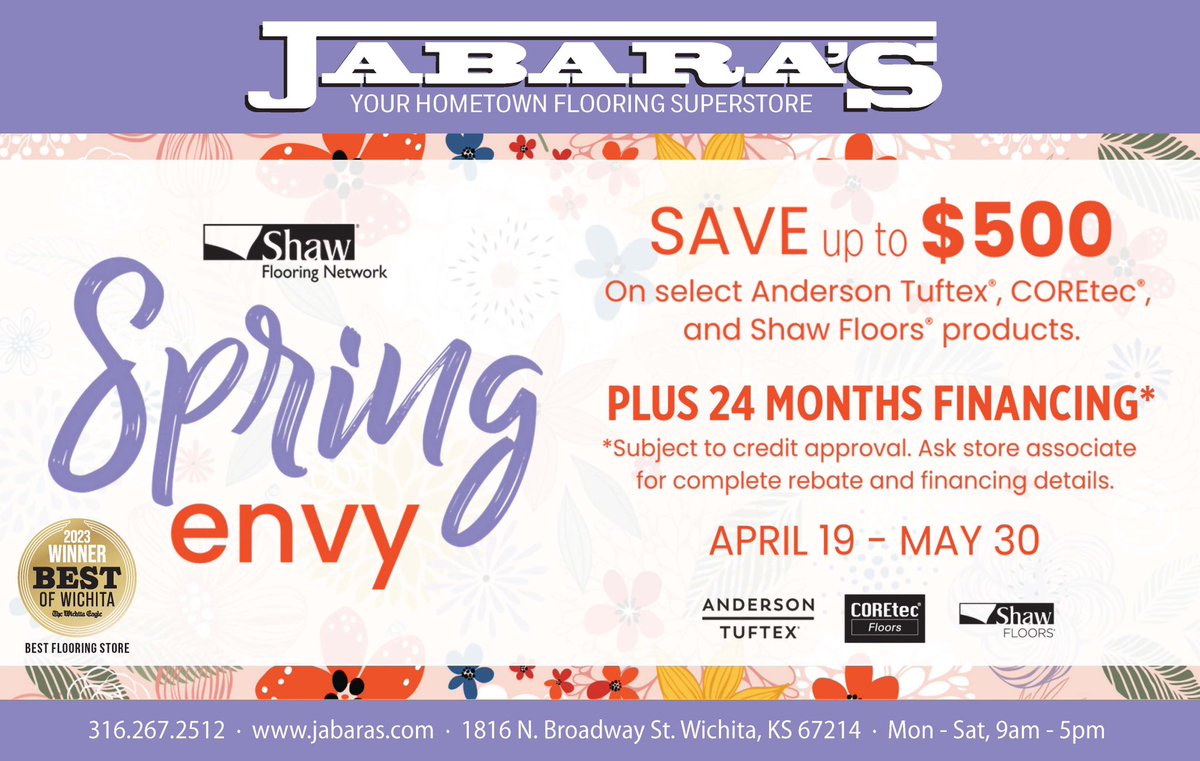 Be the Envy of your neighborhood this Spring with new flooring from Jabara’s! <a href="/Shaw_Inc/">Shaw Industries</a> <a href="/AndersonTuftex/">AndersonTuftex</a> #carpet #carpeting #floors #flooring #waterproofflooring #remodel #remodeling #DIY #wichita #ICT