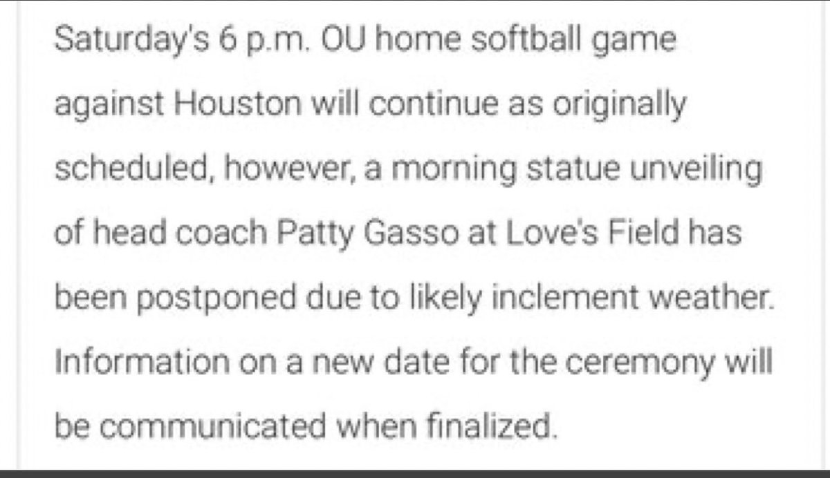 Coach Gasso Statue Postponed @OU_Softball