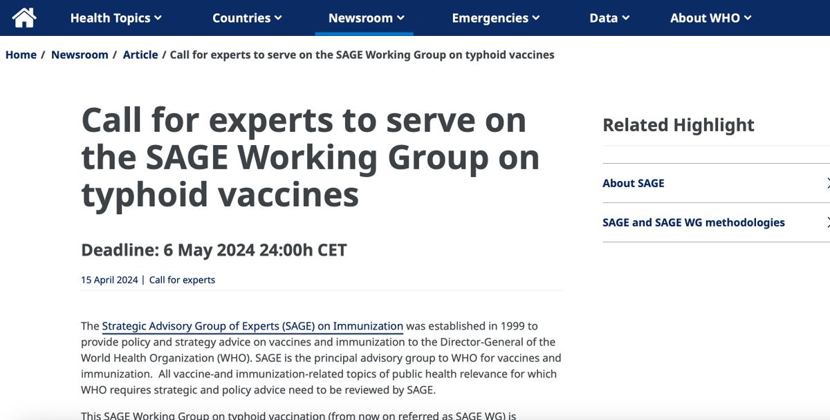 Call for experts to serve on the SAGE Working Group on typhoid vaccines who.int/news-room/arti…
