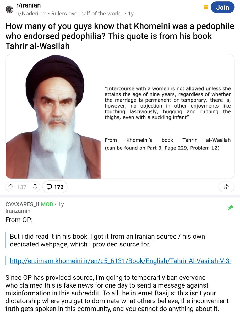 @REVMAXXING Lord dear God, help the world ( particularly the children & animals including the goats chickens) if this guy's side is winning. 

reddit.com/r/iranian/s/55…

These are just some of #Khomeini's religious beliefs on how not to fall a 🪿 🐔 🦆 fowl of Gods laws.

#DontRapeGoats