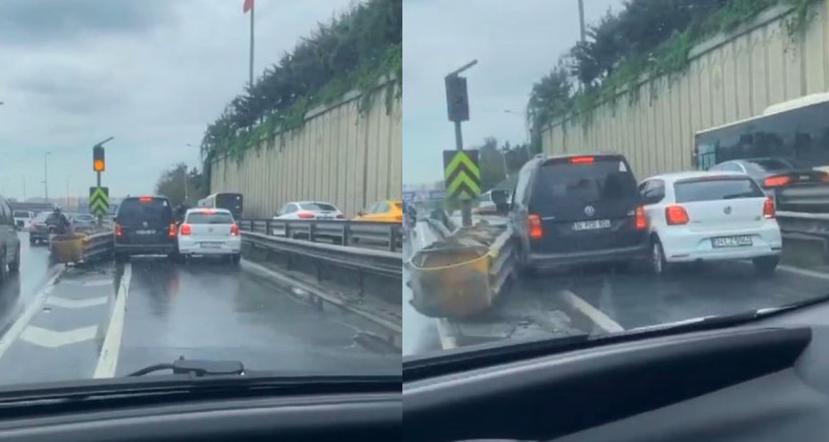 İstanbul Bahçelievler'de yan yola geçmek isteyen 2 sürücü, birbirlerine yol vermeyince bariyerlere sıkıştılar.