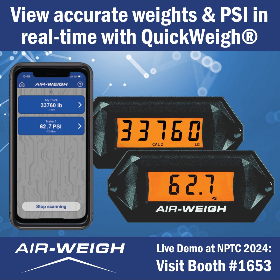 Heading to Orlando for NPTC 2024? Visit Air-Weigh at booth 1653! Stop by and learn expert insights from the team on how QuickWeigh and on-board scales can let you say goodbye to over/underloaded trailers, long lines at in-ground scales, and wasted fuel. #NPTC2024