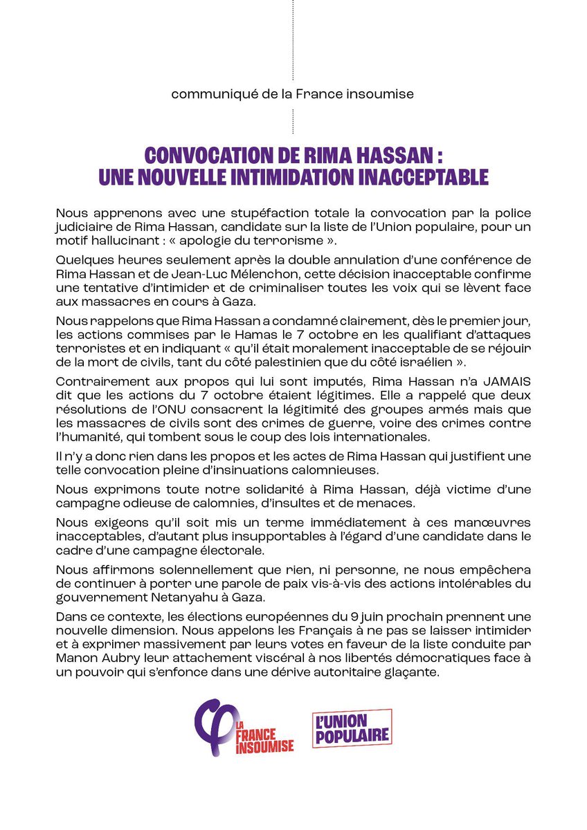 Après la criminalisation des solidaires, des défenseurs de l’environnement, des lanceur.se.s d’alerte, c’est au tour de celles et ceux qui exigent un cessez-le-feu à #Gaza de subir la même dérive de la part ce gouvernement autoritariste. Inacceptable ! #SoutienRima