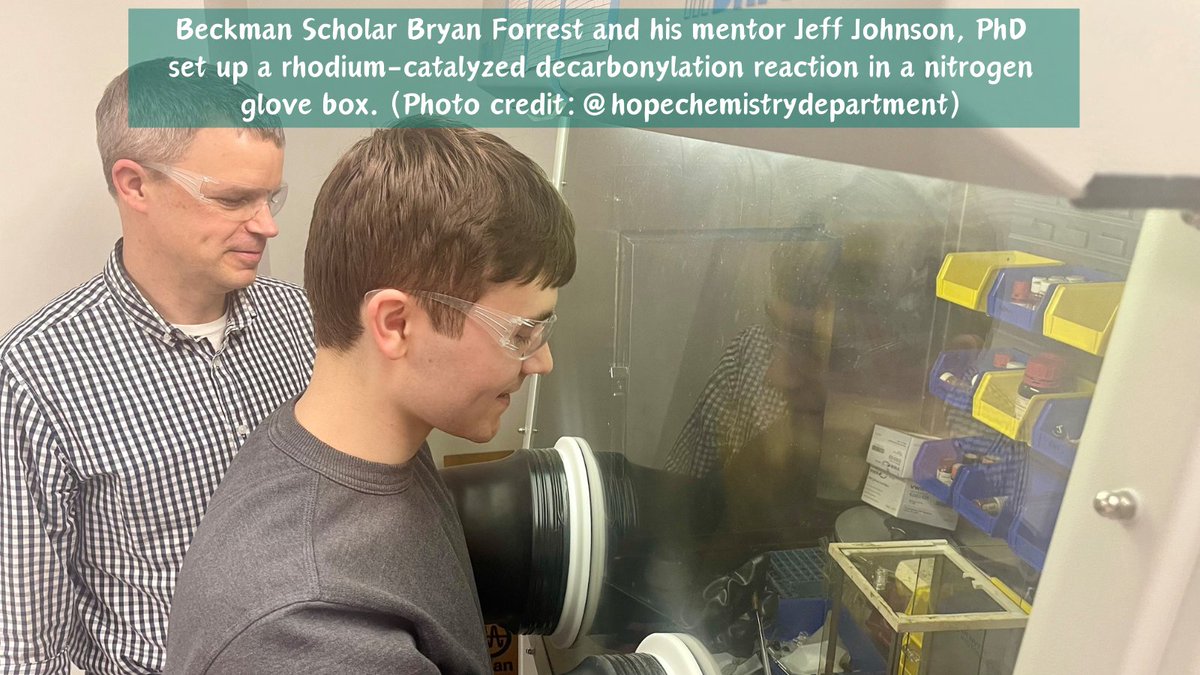 1/4 Thanks to #BeckmanScholar Bryan Forrest at @HopeCollege for sharing about the #undergraduateresearch experience in these photos: Bryan and his mentor Jeff Johnson, PhD set up a rhodium-catalyzed decarbonylation reaction in a nitrogen glove box. 📸 @hopechemistrydepartment