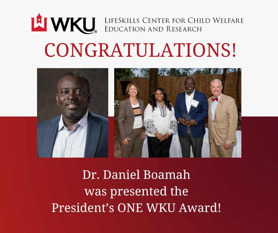 Congrats to Dr. Boamah for being recognized for the President’s ONE WKU Award! This award recognizes leadership and achievement in ensuring all faculty, staff, and students are treated with dignity and respect. Thank you for all that you do! @CHHS_WKU @GriffithsPhD