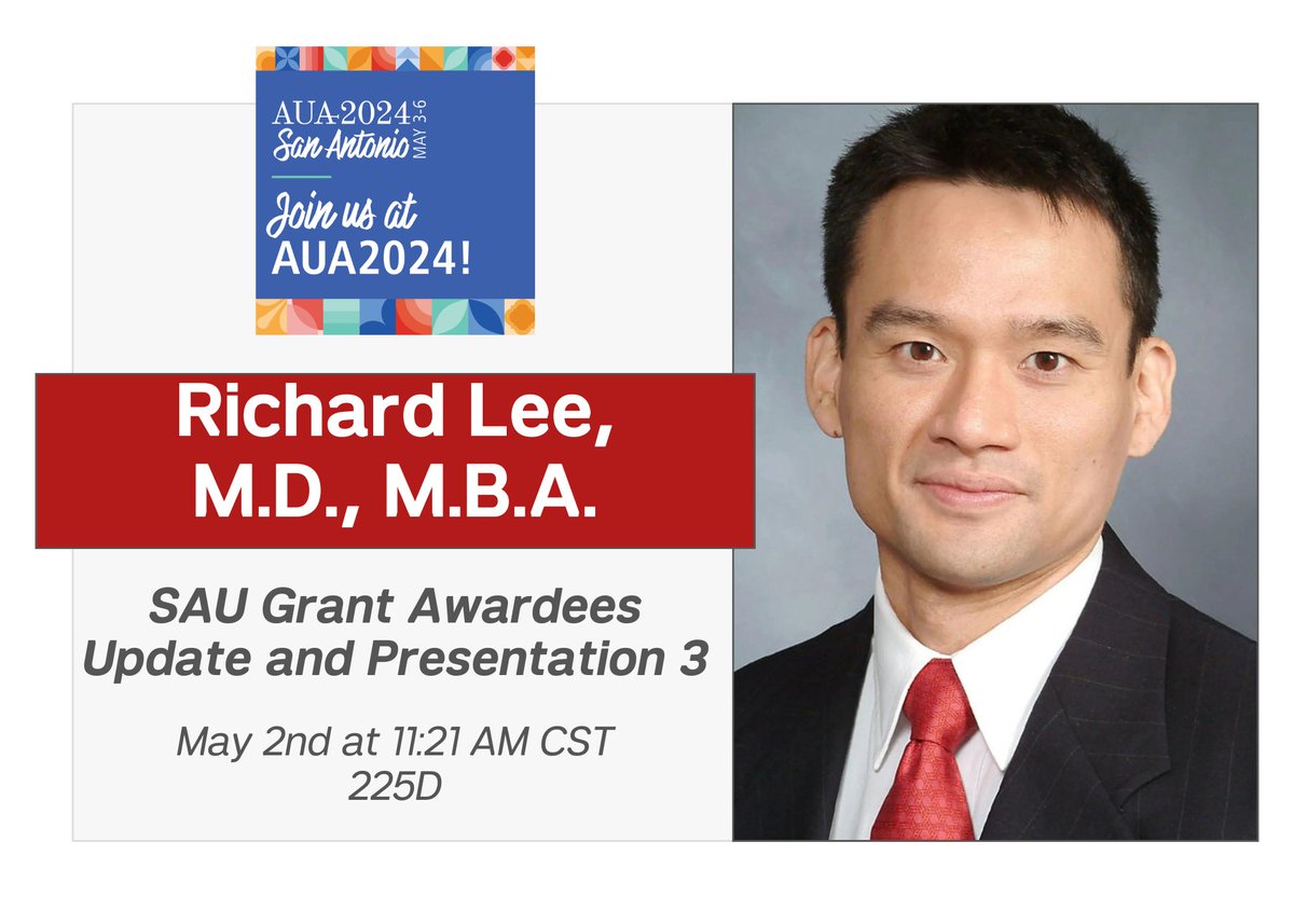 Join Dr. Richard Lee at the start of #AUA24 as he presents on SLORs for Urology residency during May 2nd's SAU grants awardees presentation.

Click here to learn more ⏩ bit.ly/3U8zwxz
