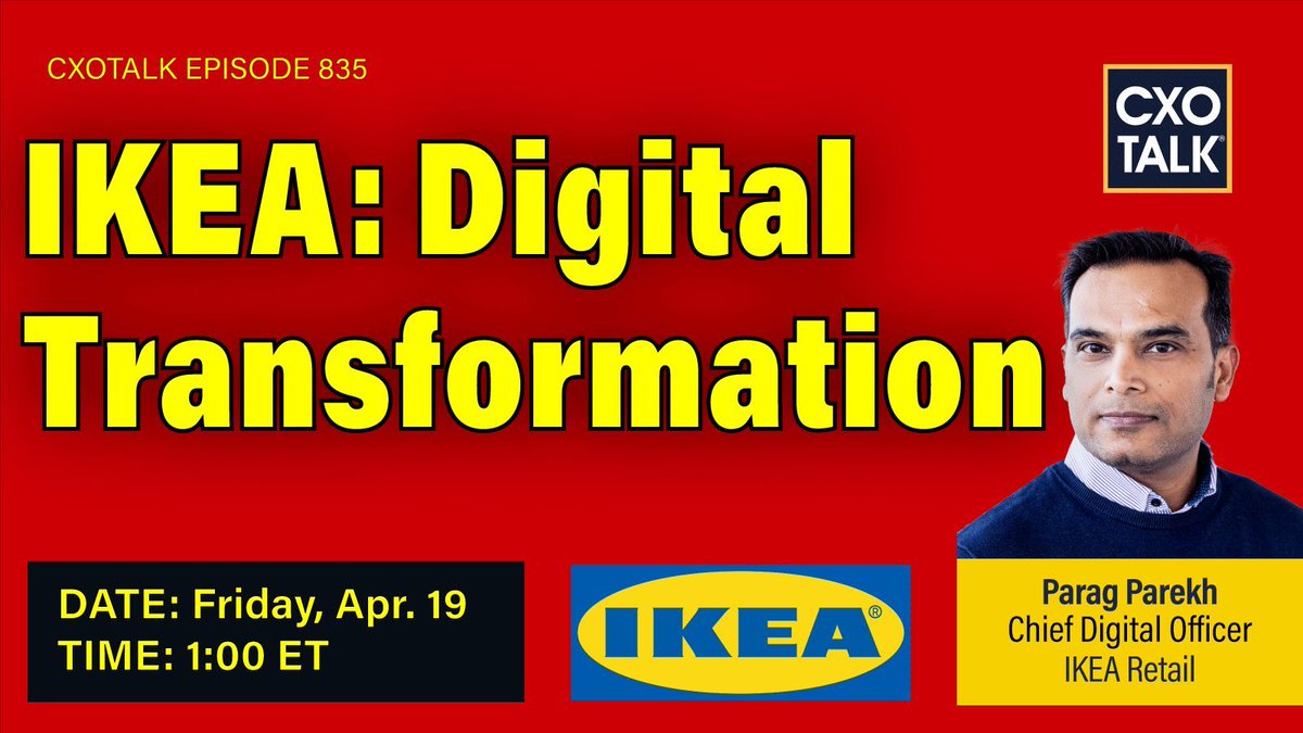 We're gearing up for 1 pm ET /10 am PT/ 7 pm CEST Fri. 19 April 2024 #DigitalTransformation at #IKEA Join #CXOTalk guest Parag Parekh, #CDO @IKEA Retail (Ingka Group) cxotalk.com/episode/design… What will digital ethics + #ResponsibleTech policies mitigate? #CDAO #LifeAtHome #AI