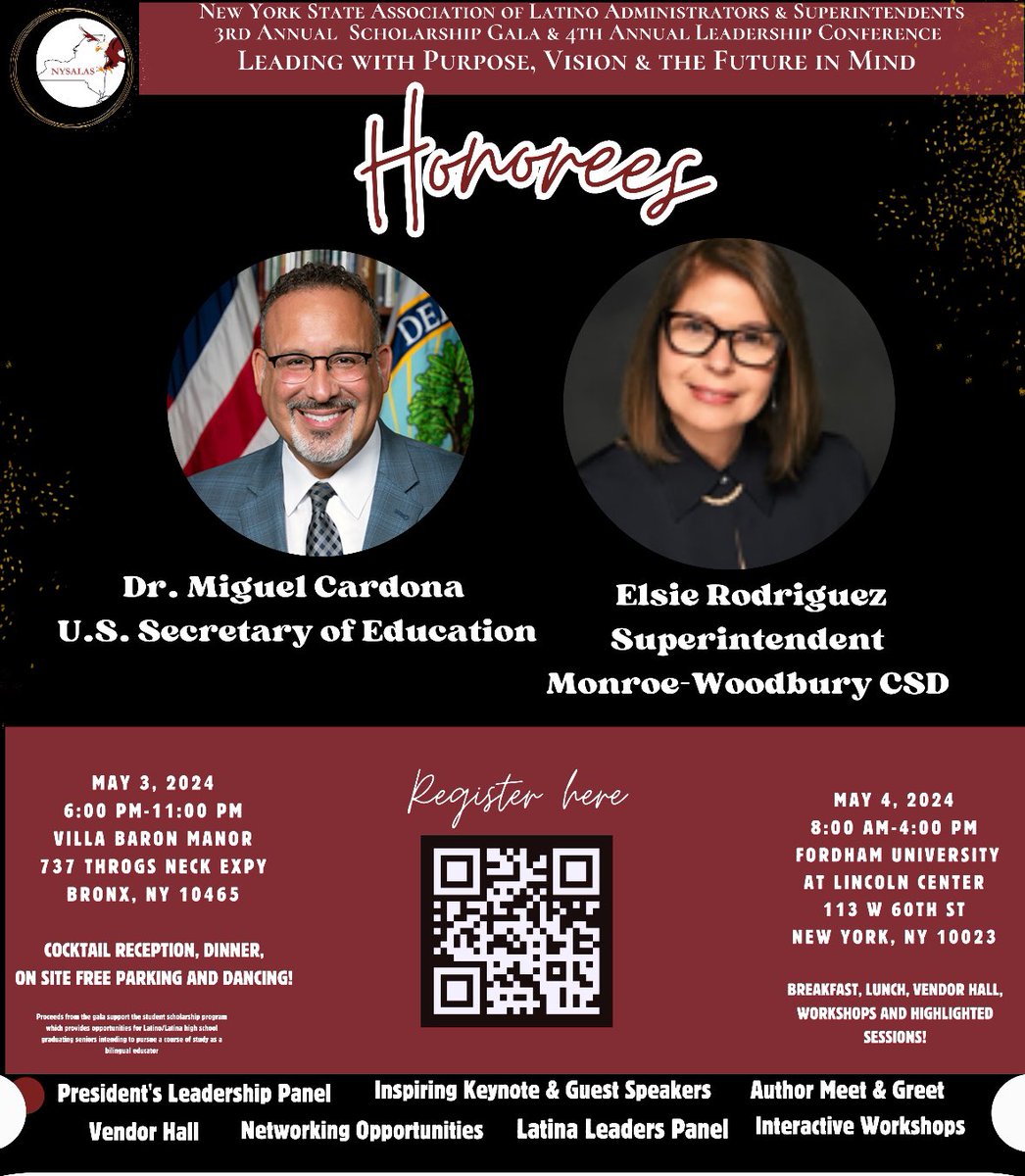 NYSALAS is excited to celebrate this year’s honorees: U.S. Secretary of Education, Dr. Miguel Cardona & Superintendent of Monroe-Woodbury CSD, Elsie Rodríguez. JOIN US: formstack.io/79F15 @BudhaiSEudes @SecCardona