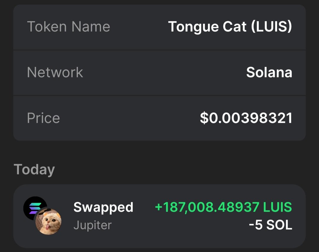 Bought some more $Luis today! I will continue to buy gradually! The team continues to cook! @TongueCatLuis2 A cex listing announcement may be coming soon! Stay tuned!🐱 📊dextools.io/app/en/solana/…