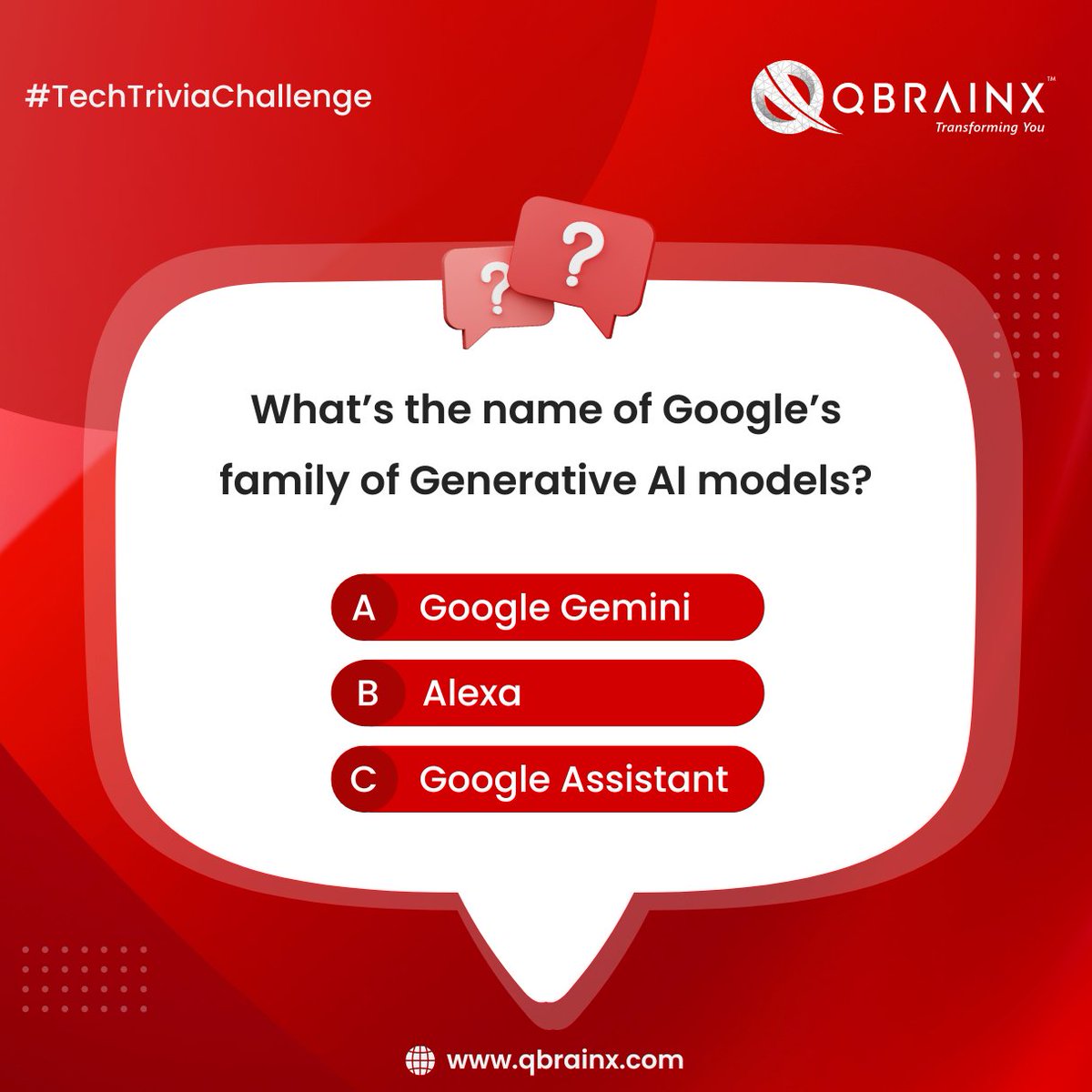 Join our tech trivia challenge and showcase your knowledge! Can you name Google's family of generative AI models? Comment your answers
#QBrainX #TechTrivia #AI #generativeai #QBX #TechTriviaChallenge #transformingyou #google #CommentNow #TestYourKnowledge