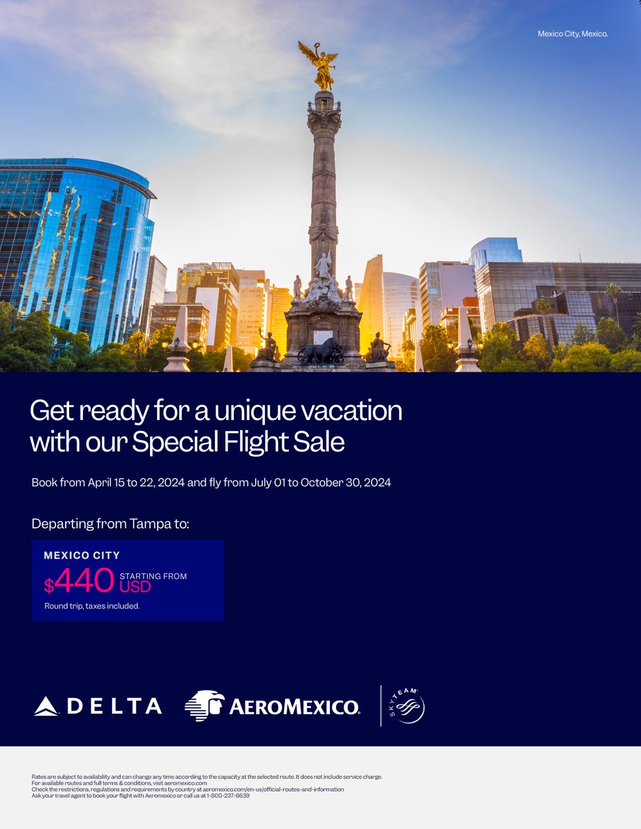 SALE SALE SALE!!! @Aeromexico is offering a special sale on their new nonstop flight from TPA to MEX! 😎 Book by April 22 and treat yourself to the trip of a lifetime: aeromexico.com/en-us