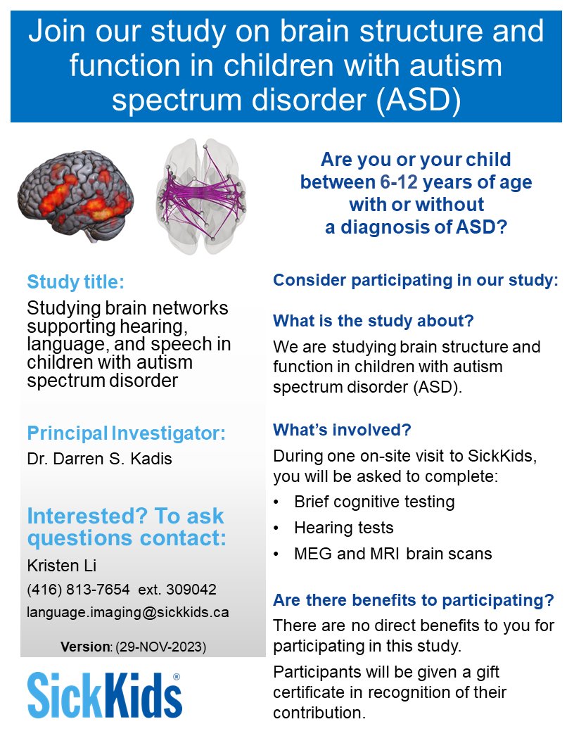 Is your child between 6-10 years of age with or without a diagnosis of #autism spectrum disorder (ASD)? Join an #SKResearch study on brain structure and function in children with #ASD. Interested? Contact: language.imaging@sickkids.ca