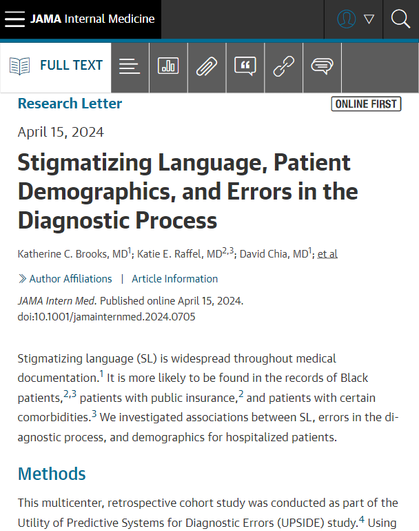 In this secondary analysis of the UPSIDE study of diagnostic error, an association between stigmatizing language in the patient record and errors in the diagnostic process was found. ja.ma/3vZvwHm