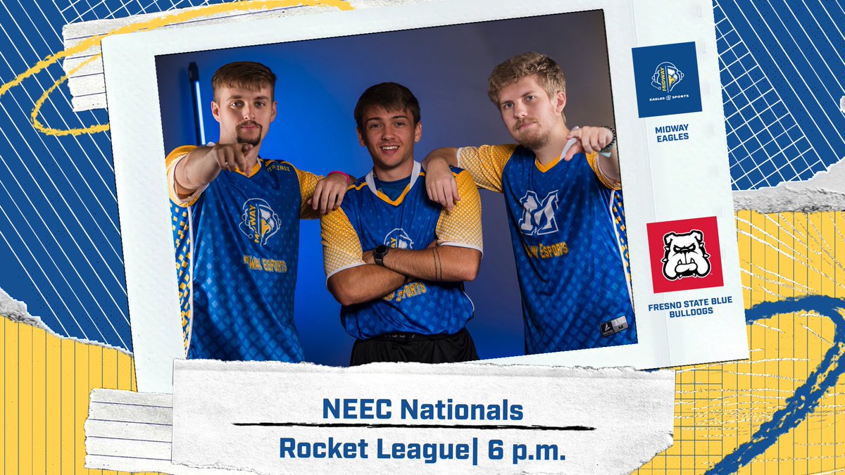 Midway Eagles (@gomidwayeagles) on Twitter photo 🚨GAMEDAY🚨
<a href="/EsportsMidway/">Midway University Esports</a> Rocket League vs <a href="/fresnostatees/">Fresno State Esports</a> in round 1 of the NEEC Nationals.
⏰: 6 p.m.
📺: twitch.tv/midwayuniversi…
#GoMidwayEagles #EagleNation #EagleEmpire 🚨GAMEDAY🚨
<a href="/EsportsMidway/">Midway University Esports</a> Rocket League vs <a href="/fresnostatees/">Fresno State Esports</a> in round 1 of the NEEC Nationals.
⏰: 6 p.m.
📺: twitch.tv/midwayuniversi…
#GoMidwayEagles #EagleNation #EagleEmpire