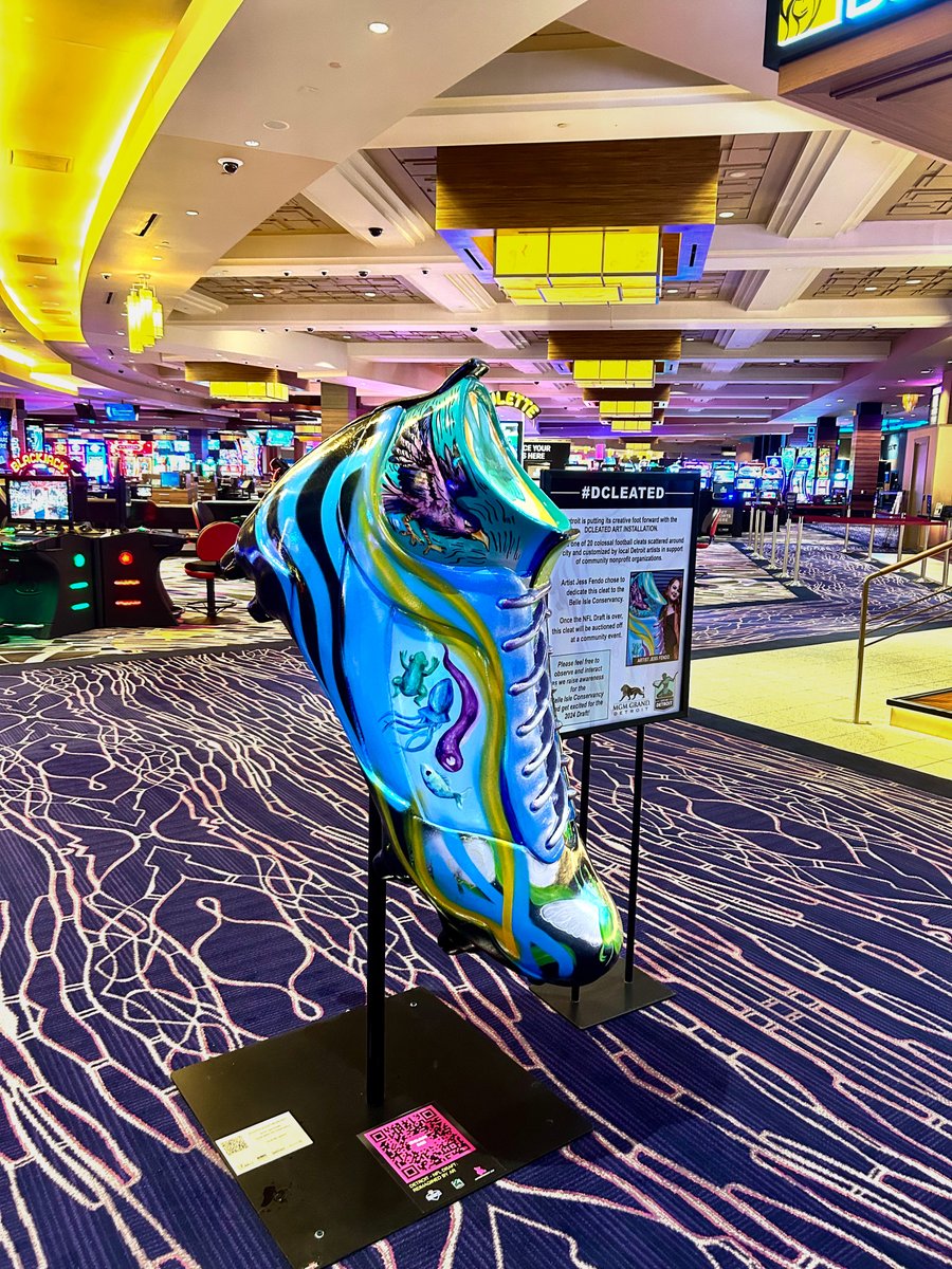 MGMGrandDetroit's tweet photo. As the Draft draws near, don't forget to appreciate the work of Detroit based artist Jess Fendo and her art installation "DECLEATED." Visit our casino floor near the BetMGM Sports Lounge to engage with her cleat exhibit 🎨 🏈 #nfldraft #mgmgranddetroit #DECLEATED https://t.co/puJgNqaFYU