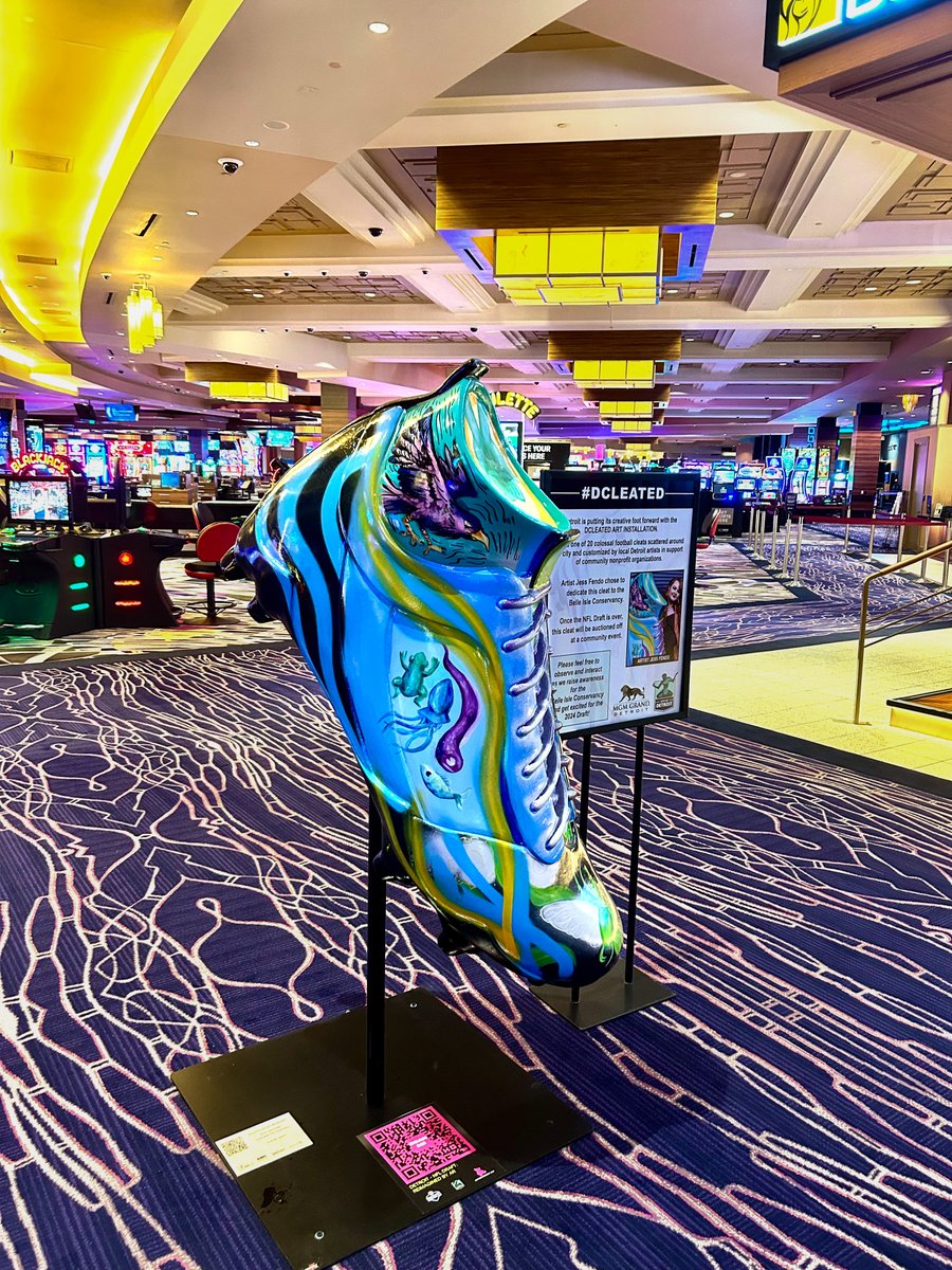 As the Draft draws near, don't forget to appreciate the work of Detroit based artist Jess Fendo and her art installation 'DECLEATED.' Visit our casino floor near the BetMGM Sports Lounge to engage with her cleat exhibit 🎨 🏈 #nfldraft #mgmgranddetroit #DECLEATED