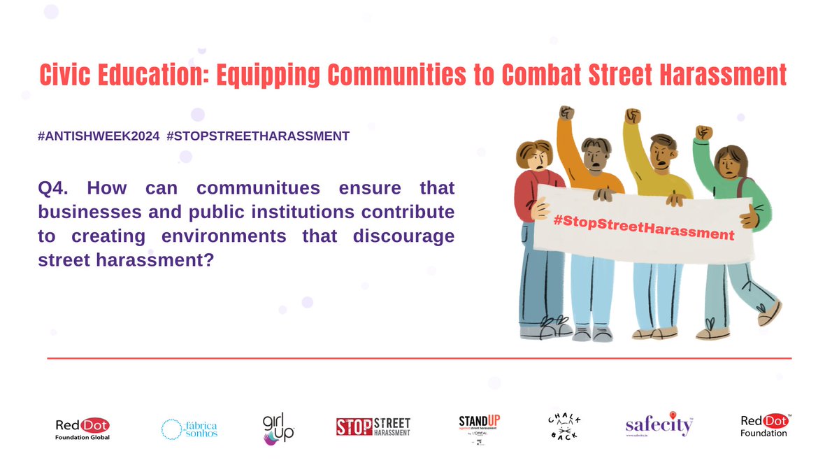 4.  ⁠How can communitues ensure that businesses and public institutions contribute to creating environments that discourage street harassment?

- You can tweet your answers with the question number (e.g. A1, A2, A3)
- Use the hashtag #AntiSHWeek2024

#Safecity #RedDotFoundation