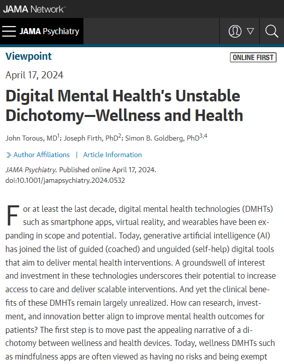 As more and more digital mental health interventions emerge in both the wellness and health space, is it time to ask new questions and raise the standards for safety, efficacy & engagement? This Viewpoint explores why change is needed today. ja.ma/3Umm4Hn @JohnTorousMD