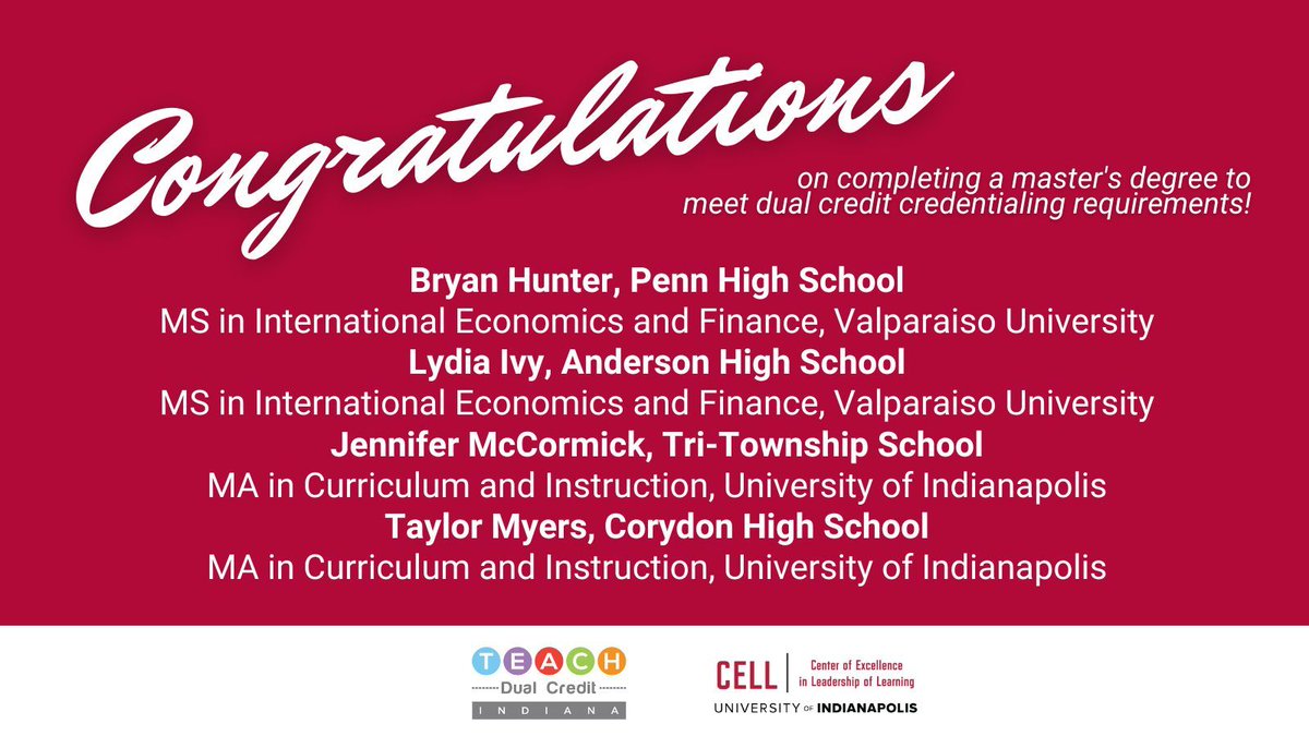 🎉 Congratulations to these teachers for completing a master's degree through #TeachDualCreditIN to meet #dualcredit credentialing requirements!
teachdualcredit.org 

@HigherEdIN @INvestEdIndiana @PHMschools @andersoncomsch @shcscorp