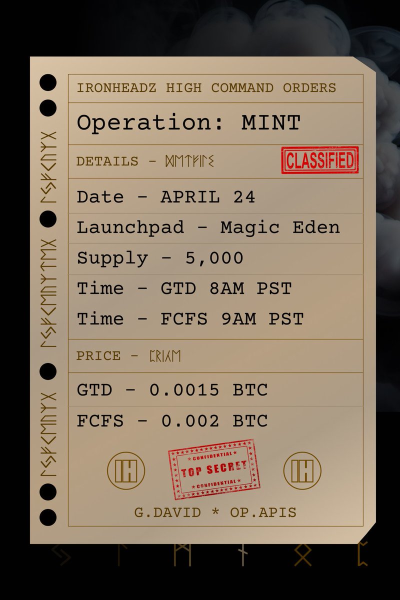 IronHeadz BTC (@ironheadzbtc) on Twitter photo Calling all Troops!
Operation Mint will soon commence.
Wednesday April 24 on <a href="/MEonBTC/">Magic Eden on Bitcoin 🟧</a>
Supply: 5,000
GTD Price: 0.0015 BTC
FCFS Price: 0.002 BTC
All holder’s will receive a rune airdrop & be eligible to claim a 3D render.
The IronHeadz reign is about to begin! Calling all Troops!
Operation Mint will soon commence.
Wednesday April 24 on <a href="/MEonBTC/">Magic Eden on Bitcoin 🟧</a>
Supply: 5,000
GTD Price: 0.0015 BTC
FCFS Price: 0.002 BTC
All holder’s will receive a rune airdrop & be eligible to claim a 3D render.
The IronHeadz reign is about to begin!