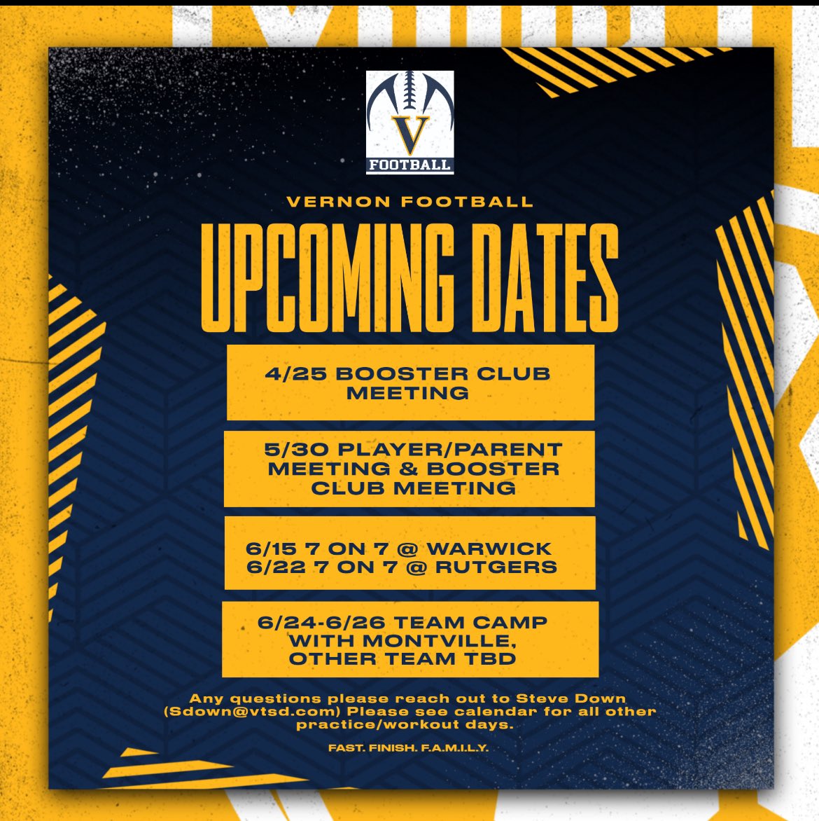 VernonVikingsFB's tweet photo. Some important dates coming up! Please refer to players calendars for all other practices/workouts! #132days #beatwarrenhills https://t.co/8KwDbZ2Dqd
