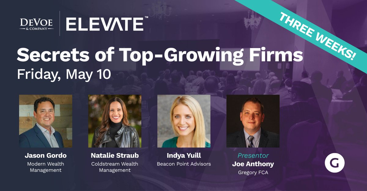 President @joeanthony will lead 'Secrets Of Top Growing Firms' at @DeVoeCo Elevate 2024 in 3 weeks and will be joined by experts from @BeaconPointeRIA, Modern Wealth Management, and @ColdstreamSEA. To learn more, visit: bit.ly/3xMQ7PE #DeVoeElevate2024