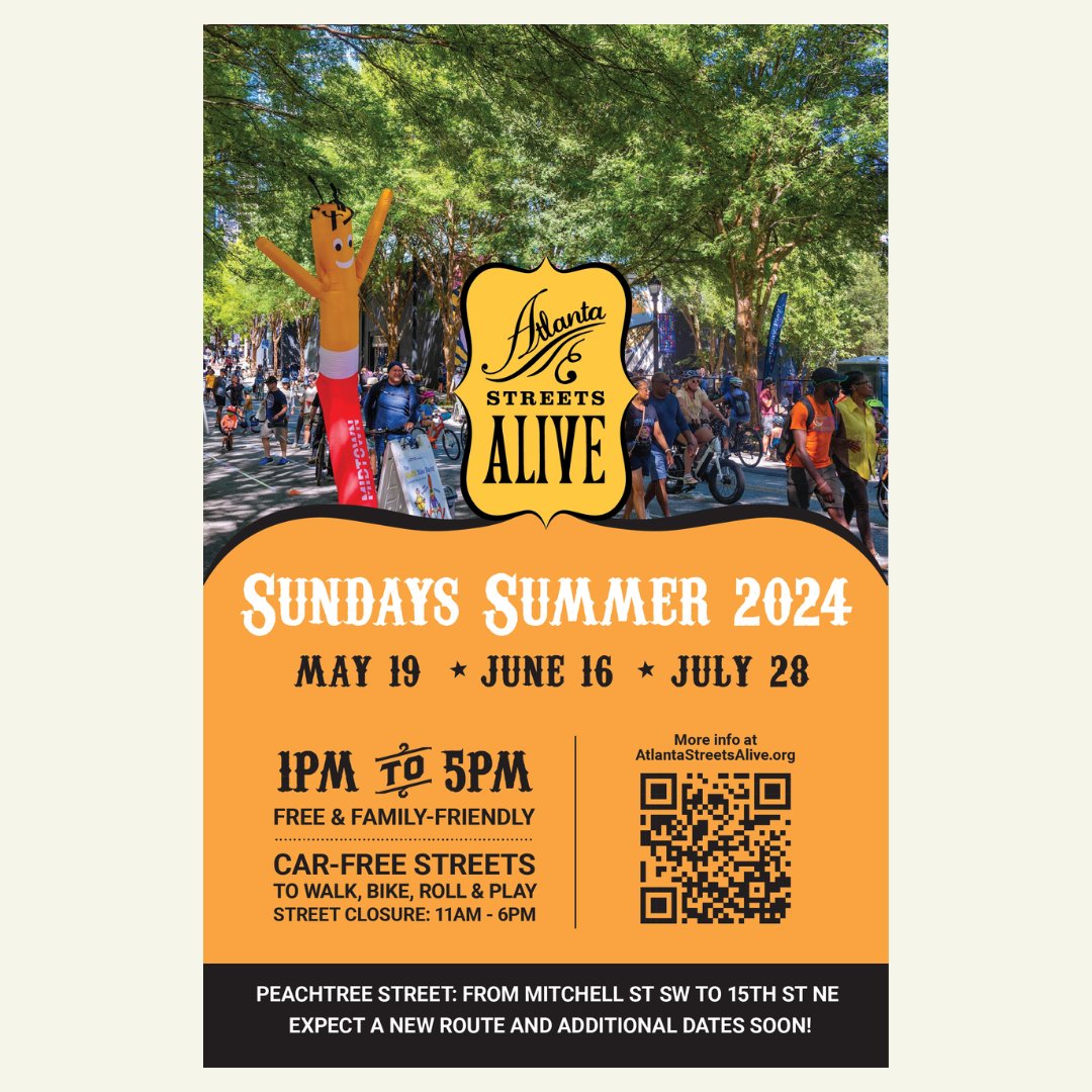 Atlanta Streets Alive starts next month!

On Sunday, May 19, June 16, and July 28th from 1-5pm the streets will be car-free for your walking, biking, and rolling leisure🎉

#atlantastreetsalive #atlga #pathfoundation