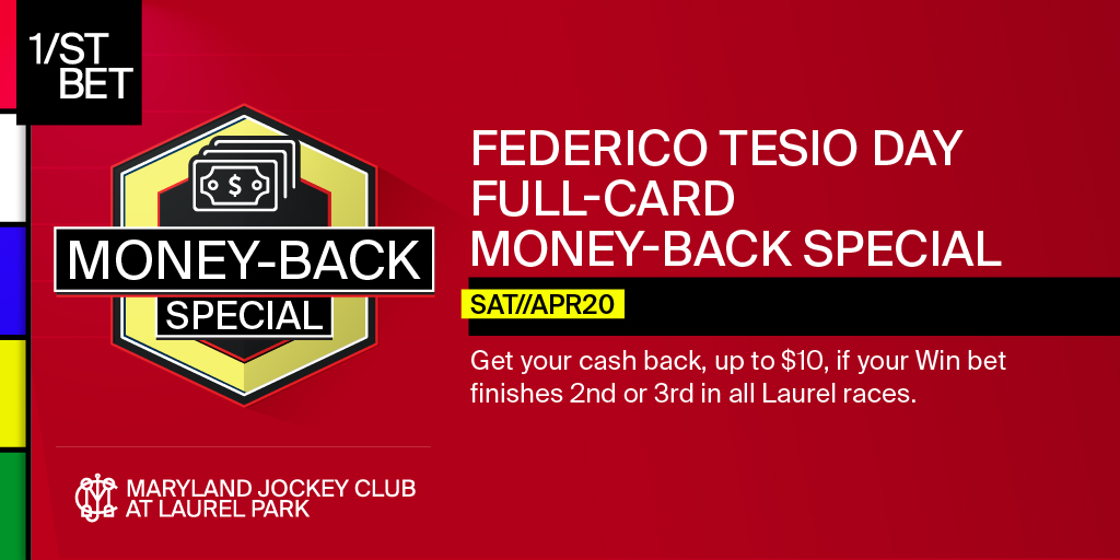 Get cash back, up to $10, on @1stbet when your horse comes in 2nd or 3rd in ALL races this Saturday at #LaurelPark! Visit bit.ly/3U8zjKN to opt in now!
